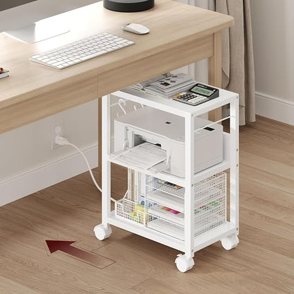 MAHANCRIS Industrial Printer Cart, 3-Tier Mobile Printer Stand, Rolling Cart with 2 AC Outlets and 2 USB Ports, Home Printer Stand with 2 Hooks, for Office, Living Room, White PTWT40E01