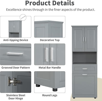 70" Tall Bathroom Storage Cabinet with Two Doors and Drawer, Open Space and Laundry Hampers for Home Display Organizer, Removable Laundry Basket, Adjustable Shelf, Gray