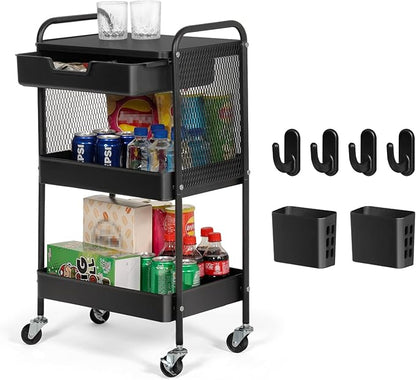CRUDATE 3-Tier Rolling Cart with Drawer, Metal Utility Storage Cart Organizer with Lockable Wheels&Hanging Cups&Hooks, Mobile Storage Craft Carts Trolley with Mesh Shelves for Kitchen, Office-Black