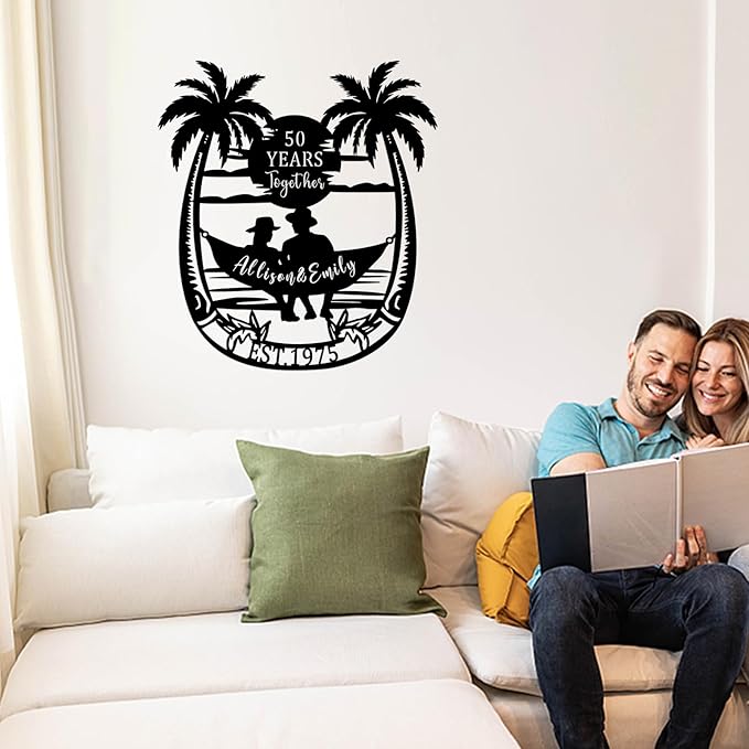50th Anniversary Wedding Gift for Parents 50 Years Together Tropical Beach Sunset Metal Name Sign Wall Art, Anniversary Wedding Gift for Couple