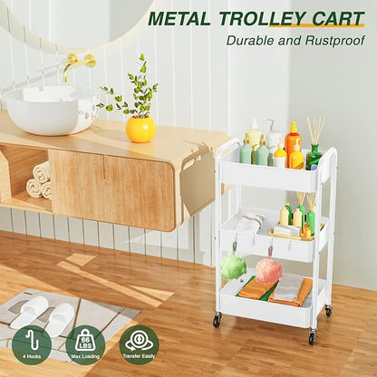 LEHOM 3 Tier Rolling Storage Cart, Metal Trolley Utility Cart with Wheels & Hooks, Easy Assembly Organizer Storage Cart for Bathroom Kitchen Office Bedroom
