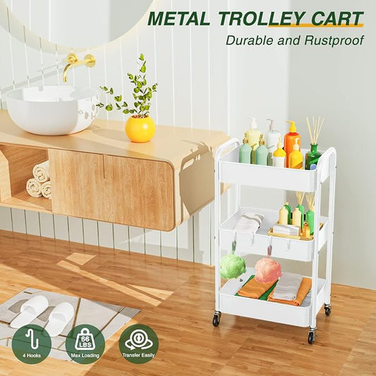 LEHOM 3 Tier Rolling Cart, Metal Rolling Utility Cart with Lockable Wheels & Hooks, Multi-Functional Heavy Duty Storage Cart Organizer for Bathroom, Kitchen, Office, Living Room
