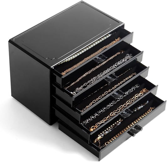 YUFONG Necklace Holder Organizer, Dustproof Necklace Box Velvet Necklace Organizer Box with Lid Clear Acrylic Dustproof Stackable Jewelry Displays for Necklaces Chain Display (Black Black, 5 Drawer)