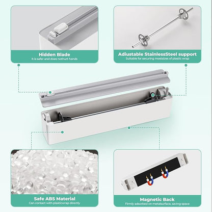 Magnetic Plastic Wrap Dispenser with Cutter - Quasziwa Upgrade Practical Refillable Cling Wrap Aluminum Tin Foil Organizer for Drawer, Include an Extra Roll of 12"X 164' Food Cling Film - Grey