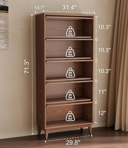 Solid Wood Book Case 5 Tier Bookcase with Tempered Clear Glass Flip-Up Doors Bookshelves Brown natural wood Bookshelf Versatile Pantry Cabinet with Storage Home Office (log color D14xW32xH72 inch)