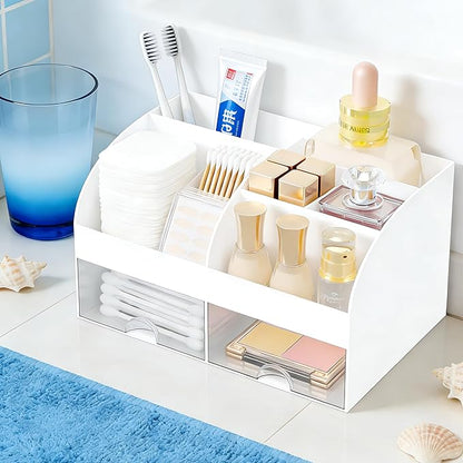 Makeup Organizer with 2 Drawers, Cosmetic Storage for Dresser Vanity and Bathroom Countertop,Make up organization and Skincare Storage with Beauty Brush Holder, Cosmetic Display Case (White)