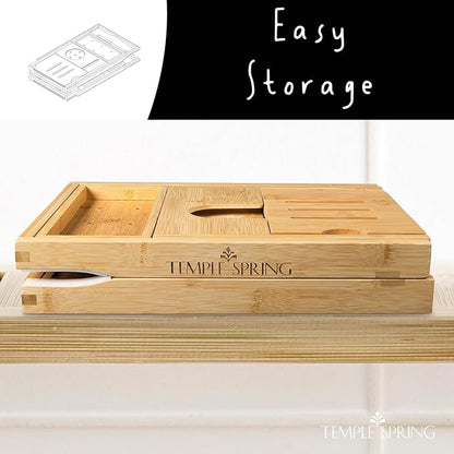 Temple Spring Foldable Bamboo Bathtub Tray Caddy for Tub — Expandable One-Piece Wood Bath Table with Wine Holder Book Stand and Non-Slip Pads — Space-Saving Bath Caddy — Housewarming