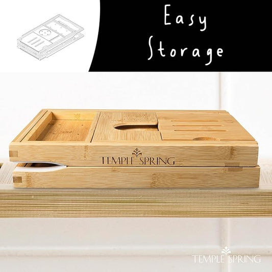 Temple Spring Foldable Bamboo Bathtub Tray Caddy for Tub — Expandable One-Piece Wood Bath Table with Wine Holder Book Stand and Non-Slip Pads — Space-Saving Bath Caddy — Housewarming