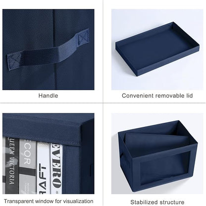 Homsorout Organizing Bins with Lid - 4 Pack Foldable Clear Window Storage Bins, Large Storage Boxes with Handles, Storage Containers for Clothes, Towel, Blanket, Sheet, Navy Blue