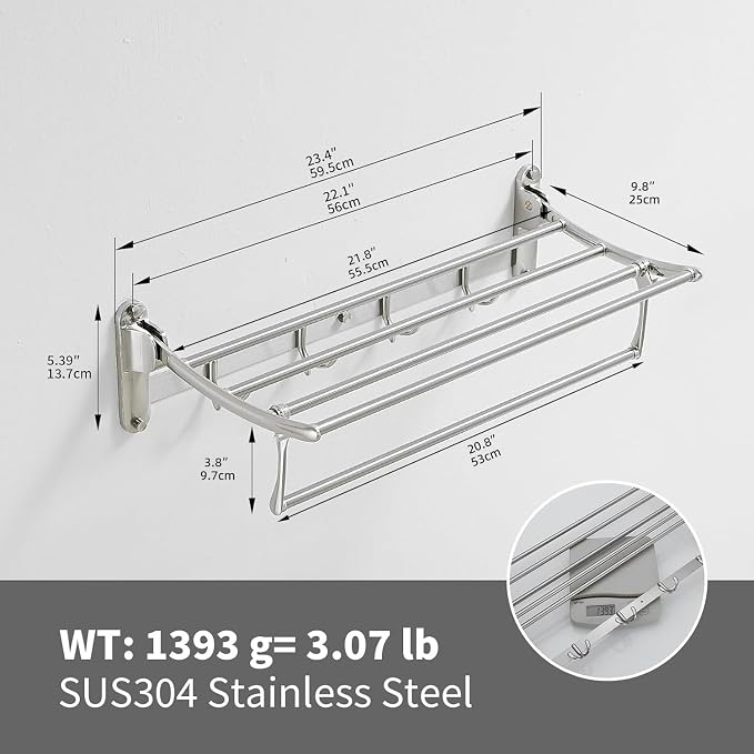 BESy 24 Inch Brushed Nickel Towel Racks, Bathroom Towel Shelf with Foldable Towel Bar Holder and Towel Hooks, Wall Mounted Multifunctional Bathroom Accessories, Double Towel Bars