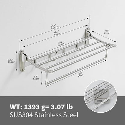 BESy 24 Inch Brushed Nickel Towel Racks, Bathroom Towel Shelf with Foldable Towel Bar Holder and Towel Hooks, Wall Mounted Multifunctional Bathroom Accessories, Double Towel Bars
