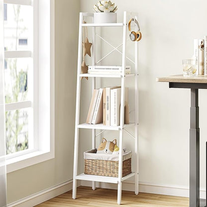 Ladder Shelf, Bookshelf Bookcase, Freestanding Corner Storage Shelve with 2 Hooks for Home Office, Living Room, Kitchen, Bedroom, Industrial, 4-Tier White BC13213W