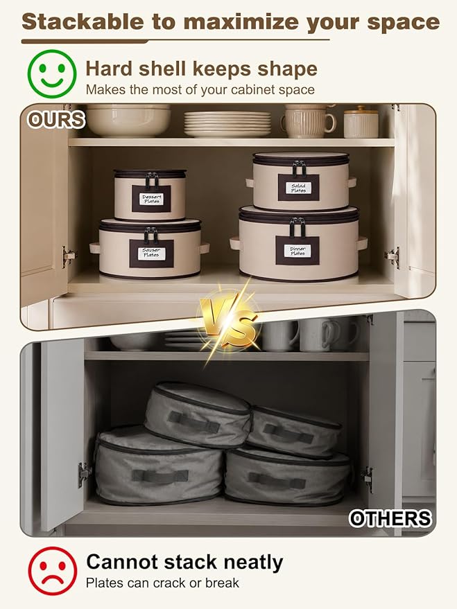 punemi China Storage Containers, 4 Pack Hard Shell Plate Dish Storage Cases with Padded Dividers & Quilted Lining, Stackable Dinnerware Storage Protectors for Moving Boxes & Holiday Storage, Beige