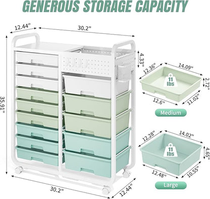 Rolling Storage Cart with 14 Drawers, Storage Organizer Cart with Tabletop and Pegboard,Utility Cart for Living Room, Classroom, Bedroom,Bathroom,Dorm,Office (Green)