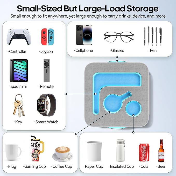 Couch Cup Holder Pillow, Sofa and Bed Caddy for iPad, Kindle, Switch, Game Controller, Remotes, Phones, Small-Sized Cup & Drink Holder for Couch, Bed, Desk, Car, Beach, Bathroom Cup Holder