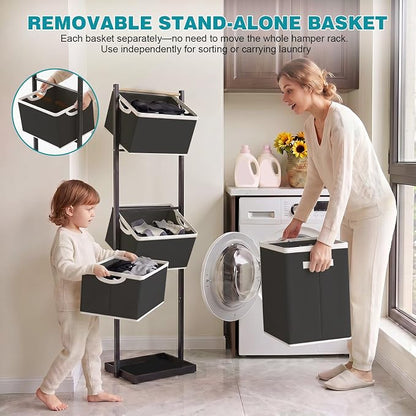 4-Tier Laundry Hamper Sorter, Vertical Laundry Sorter with Removable Basket, Stackable Laundry Cart Organizer and Storage 125L for Small Space, Dorm, Closet, Bathroom Black