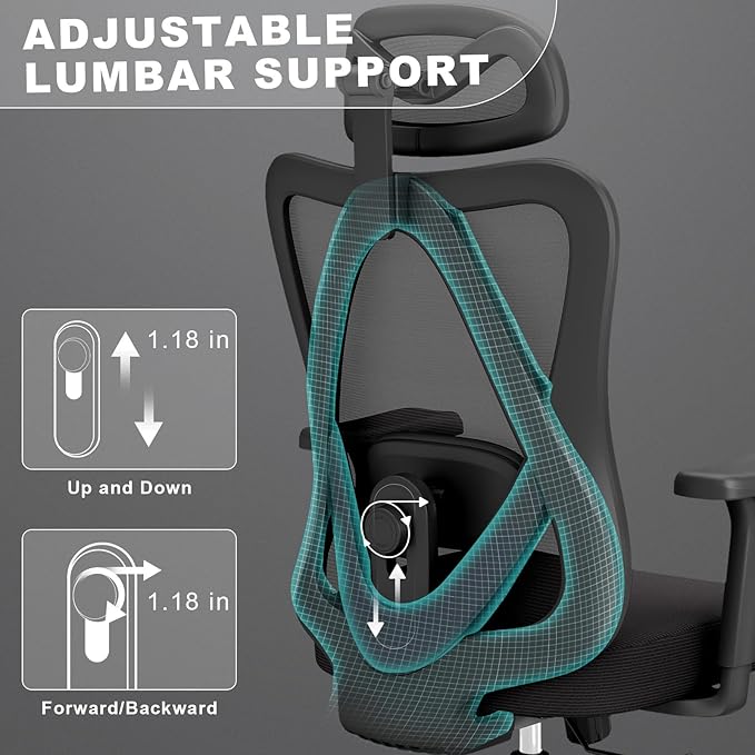 Ergonomic Office Chair with Adjustable Lumbar Support, High Back Mesh Computer Desk Chairs with 3D Headrest and Armrest, 360° Swivel Wheels and Rocking Function, for Home, Office, Black