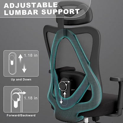 Ergonomic Office Chair with Adjustable Lumbar Support, High Back Mesh Computer Desk Chairs with 3D Headrest and Armrest, 360° Swivel Wheels and Rocking Function, for Home, Office, Black