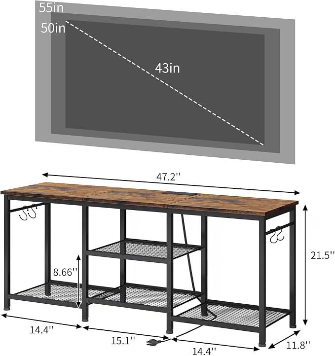 YGEOMER TV Stand for Up to 50 Inch Tvs, Entertainment Center with Outlet Led Lights Open Storage Shelves, TV Consoles for Living Room Bedroom, Rustic Brown