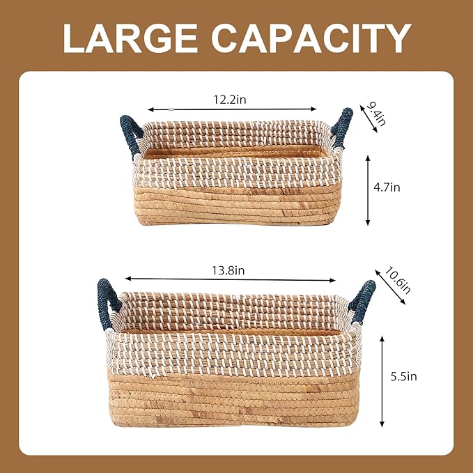 4 Pack Laundry Baskets and Woven Storage Basket for Organizing, 49L Seagrass Blanket Basket, 29L Storage Bin with Handles, 10.7L & 7.6L Cube Storage Baskets for Shelves - Blue