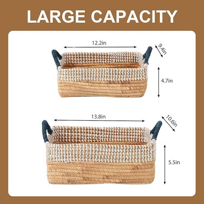 4 Pack Laundry Baskets and Woven Storage Basket for Organizing, 49L Seagrass Blanket Basket, 29L Storage Bin with Handles, 10.7L & 7.6L Cube Storage Baskets for Shelves - Blue