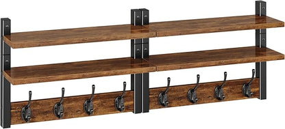 YMYNY Coat Rack Wall Mount with Shelf, Two-Tier Wall Shelf Mounted with 8 Hooks, Wooden Wall Coat Rack for Entryway, Bedroom for Hanging Clothes/Coats/Keys/Hats/Towels, Rustic Brown, HWS009H-2