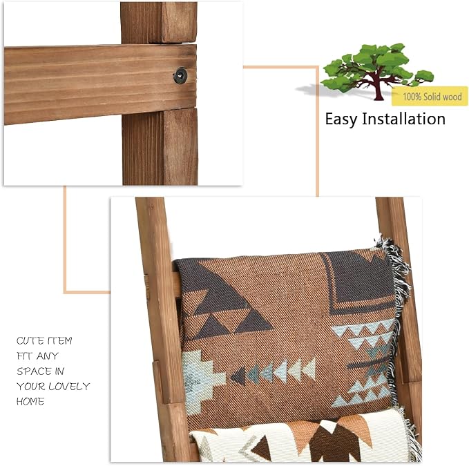 FUIN 6.4ft Extra Wide Wooden Blanket Ladder Living Room Decorative Wal Leaning Farmhouse Quilt Display Holder Rustic Wood Towel Rack for Bathroom, Brown, 18.5 inch Wide
