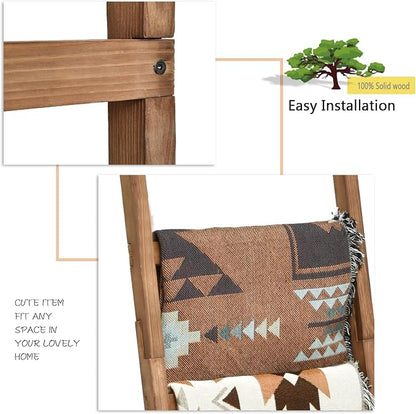 FUIN 6.4ft Extra Wide Wooden Blanket Ladder Living Room Decorative Wal Leaning Farmhouse Quilt Display Holder Rustic Wood Towel Rack for Bathroom, Brown, 18.5 inch Wide