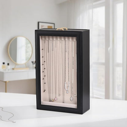 Lolalet Necklace Organizer Box, Jewelry Storage Box with Clear Window for Necklaces Bracelets, Tangle-Free Necklace Display Case for Women Girls, Black, 2 Layers 20 Hooks