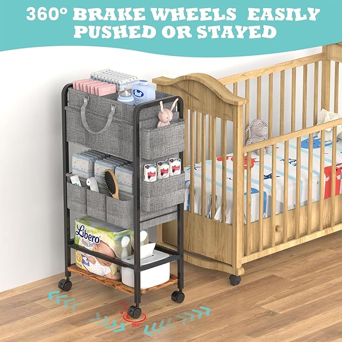 LIDTOP 2In1 Baby Diaper Caddy & 4-Tier Rolling Diaper Cart, Diaper Caddy Organizer Cart with Dividers & Drawer, Mobile Metal Bedside Cart for Nursery Essentials Storage, Large Capacity
