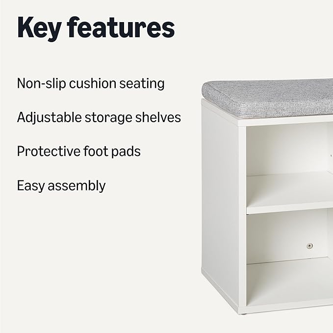 Amazon Basics Shoe Storage Bench with Cushion, 6 Cubbies, Adjustable Shelves, White