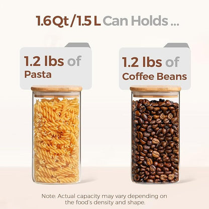 ComSaf 1.6 Qt Square Glass Jars with Bamboo Lids Set of 3, Space-Saving Glass Pantry Storage Containers, Airtight Clear Glass Storage Containers with Wide 3.9" Mouth for Coffee, Sugar, Short Pasta