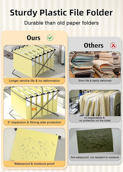 Extra Capacity Plastic Hanging File Folders,12 Pack Reinforced Hang Folder, Heavy Duty File Folders for Filing Cabinet for Bulk Files/Medical Charts, File Folders & Accessories(Cream Yellow)