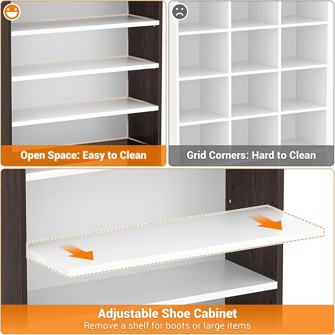 Homieasy Tall Shoe Cabinet, 9-Tier Wood Shoe Rack Organizer Cabinet for Closet, Freestanding Shoe Storage Cabinet with Adjustable Shelves for Entryway, Bedroom, Dark Walnut & White