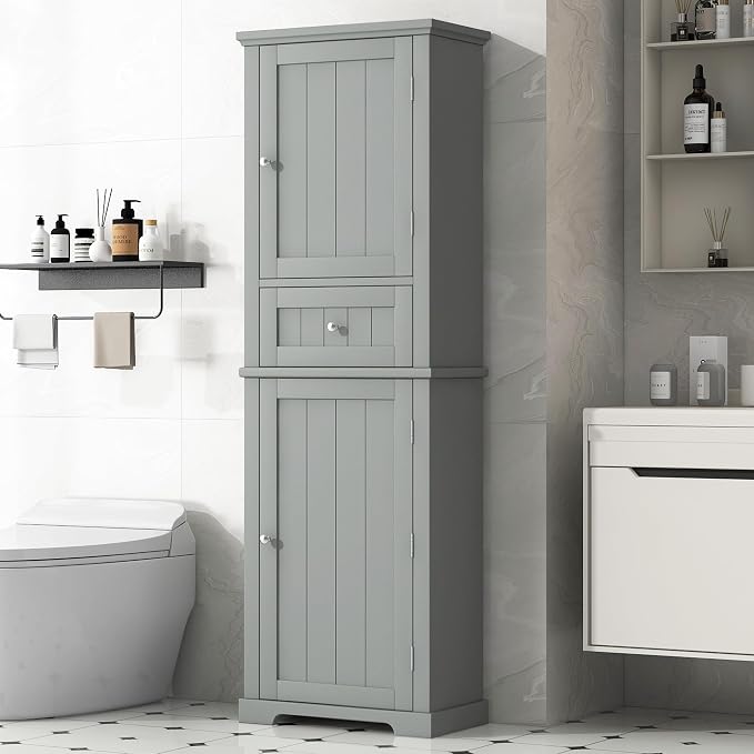 Bathroom Storage Cabinet, Tall Cabinet with Adjustable Shelf | Tall bathroom storage cabinet, 2 enclosed cabinets and middle pull-out compartment keep daily essentials organized