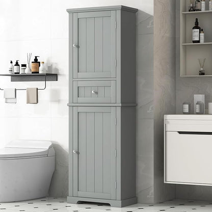 Bathroom Storage Cabinet, Tall Cabinet with Adjustable Shelf | Tall bathroom storage cabinet, 2 enclosed cabinets and middle pull-out compartment keep daily essentials organized