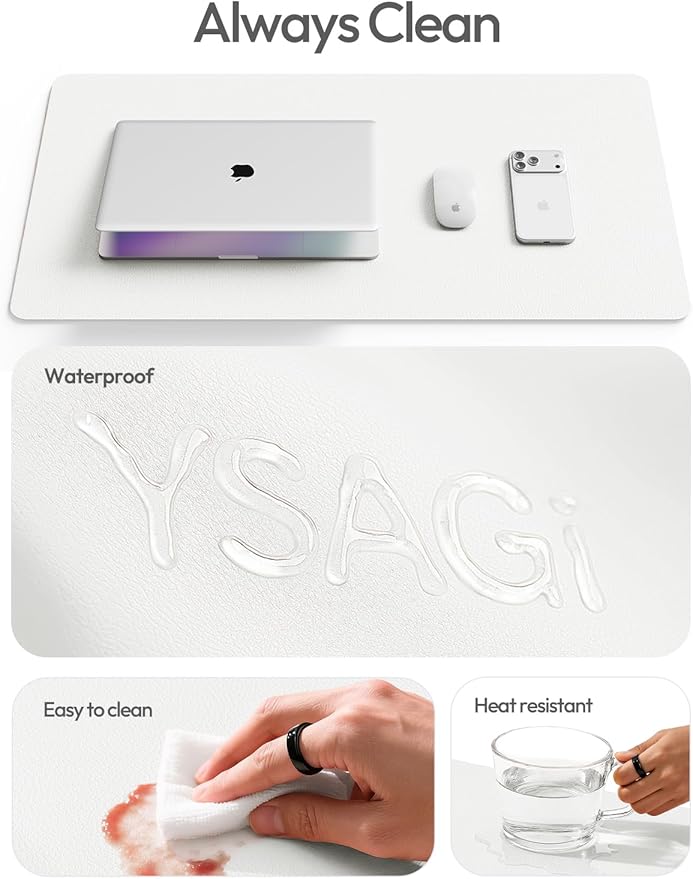YSAGi Leather Desk Protector, Office Mat, Large Mouse Mat, Non-Slip PU Leather Blotter, Laptop Desk Mat, Waterproof Writing Pad for Office and Home(White, 42" x 17.2")