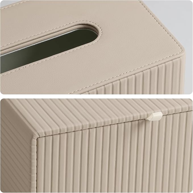 MEIBOOCH PU Leather Tissue Box Cover for 120(3-Ply)/ 160(2-Ply) Count Box of Tissues, Rectangle Tissue Box Holder for Bathroom Bedroom Living Room Office (Beige Stripe)