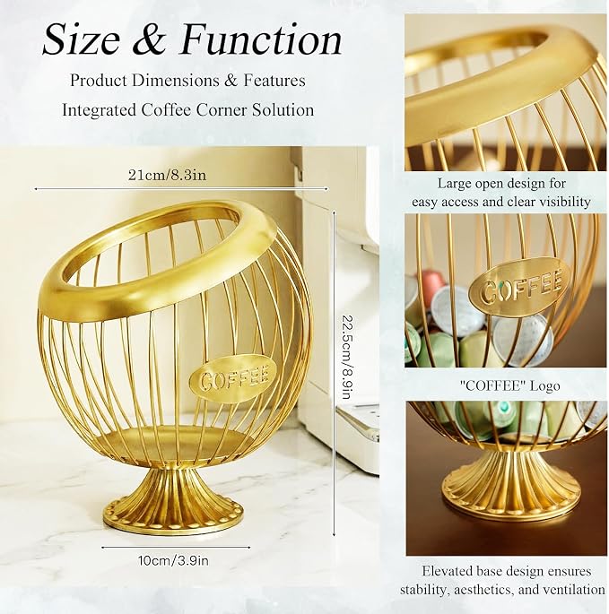 AIYICIII Tall Coffee Pod Holder with Base - Large Capacity Keurig K-Cup & Nespresso Vertuo Organizer, Metal Coffee Pod Storage, Coffee Bar Accessories and Decor (Tall - Gold)