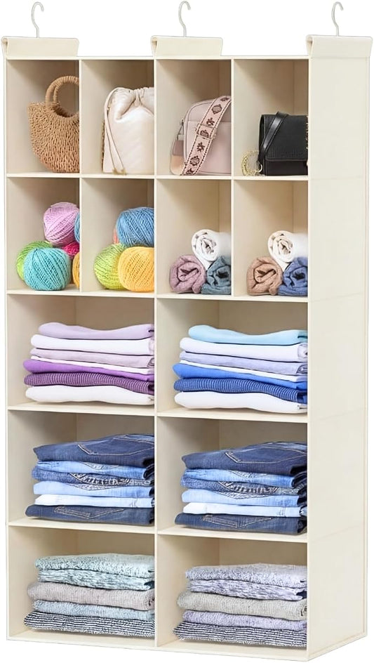Ofiray-home 5 Tier Hanging Closet Organizer, 14 Compartments Sweater Organizer for Closet with 3 Sturdy Hooks, Closet Organizers and Storage, Wardrobe, Rv, Garment Rack, Beige
