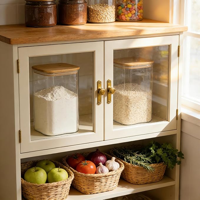 KEYWING 1.2 Gallon Glass Flour Storage Containers with Bamboo Lids, Set of 2 Large Square Pantry Jars, Big Wide Mouth Canisters for Sugar, Rice, Cereal, Beans, Cookie & Dry Goods
