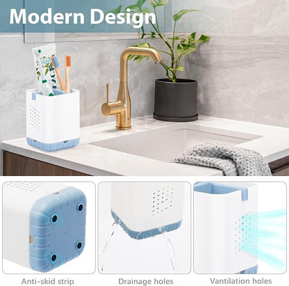 Boperzi Toothbrush and Razor Holder for Bathrooms - Countertop Organizer With Drainage, Anti-Slip Kids Toothpaste Caddy for Electric Toothbrush, Shower, Vanity - Blue