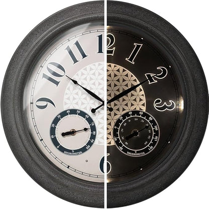 Presentime & Co. 18 Inch Illuminated Outdoor Clock, Waterproof Lighted Large Wall Clock with Thermometer & Hygrometer, Elegant & Vintage Home Decor for Garden, Patio, Pool, Grey Stone Finish