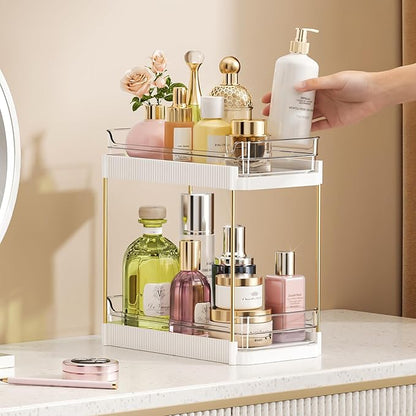 2 Tier Bathroom Counter Organizer, Removable Clear Tray Vanity Shelf for Makeup, Perfume, Skincare,Slide out Cosmetics Countertop Storage Rack for Bathroom Dresser，White