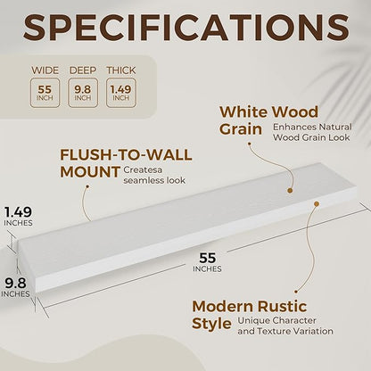 Dreamland 55 Inches Floating Shelves for Wall, 9.8" Deep Long Floating Shelves Set of 2, Large Display & Storage Shelf, Wall Shelf for Bathroom Bedroom Living Room Kitchen Office, White
