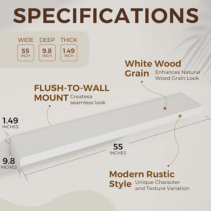 Dreamland 55 Inches Floating Shelves for Wall, 9.8" Deep Long Floating Shelves Set of 1, Large Display & Storage Shelf, Wall Shelf for Bathroom Bedroom Living Room Kitchen Office, White