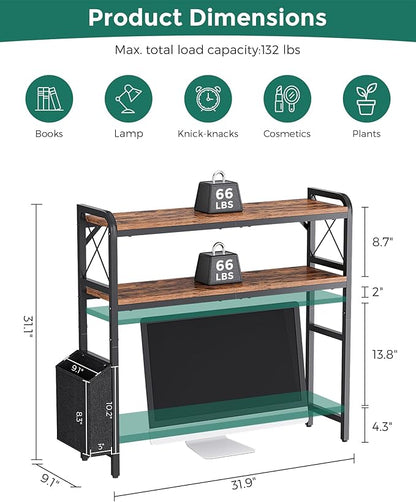 Desktop Shelves, Monitor Stand with Adjustable Shelves and Side Pockets, 2-Tier Desktop Bookshelf Organizer, Large Capacity Display Shelf Rack, Desk Hutch for Home Office, Rustic Brown