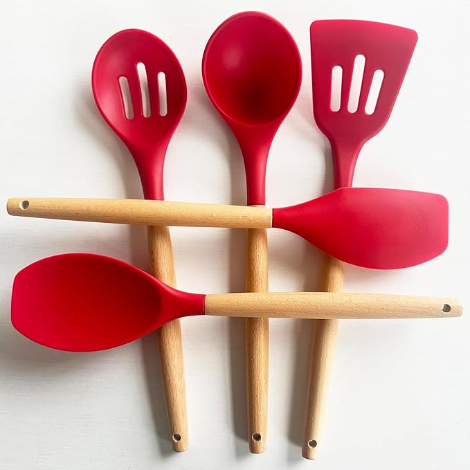 IOCBYHZ Silicone Cooking Utensils Set 5Pcs Non-Stick Silicone Kitchen Utensils for Cooking, Heat Resistant Kitchen Gadgets Spatula Spoon Turner Set with Wooden Handles for Non-Stick Cookware BPA Free