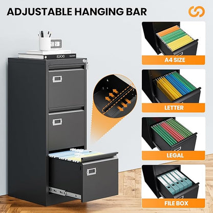 3 Drawer File Cabinet with Lock, Metal Filing Cabinets for Home Office, Vertical Black Locking File Caninet, Steel Narrow Three Drawer File Cabnet for Letter/Legal / A4 / B4- Assembly Required