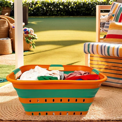 SAMMART 42L (11 gallons) Set of 2 Plastic Foldable Storage Basket/Container - Collapsible, Space Saving and Portable Laundry Hamper, Ideal for Home, Travel, Dorm (2, Autumn Leaf/Forest Green)